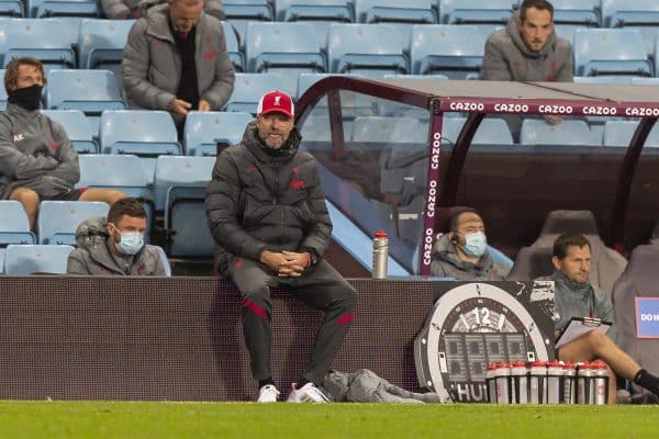 BIRMINGHAM, ENGLAND - Sunday, October 4, 2020: Liverpool’s manager Jürgen Klopp during the FA Premier League match between Aston Villa FC and Liverpool FC at Villa Park. The game was played behind closed doors due to the UK government’s social distancing laws during the Coronavirus COVID-19 Pandemic. (Pic by David Rawcliffe/Propaganda)