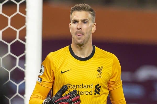 BIRMINGHAM, ENGLAND - Sunday, October 4, 2020: Liverpool’s goalkeeper Adrián San Miguel del Castillo during the FA Premier League match between Aston Villa FC and Liverpool FC at Villa Park. The game was played behind closed doors due to the UK government’s social distancing laws during the Coronavirus COVID-19 Pandemic. (Pic by David Rawcliffe/Propaganda)