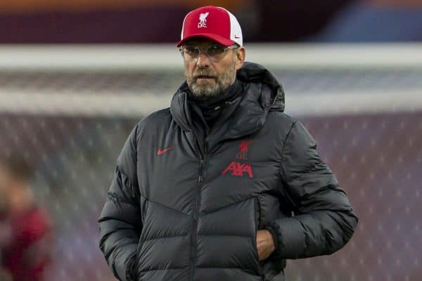 BIRMINGHAM, ENGLAND - Sunday, October 4, 2020: Liverpool’s manager Jürgen Klopp during the pre-match warm-up before the FA Premier League match between Aston Villa FC and Liverpool FC at Villa Park. The game was played behind closed doors due to the UK government’s social distancing laws during the Coronavirus COVID-19 Pandemic. (Pic by David Rawcliffe/Propaganda)