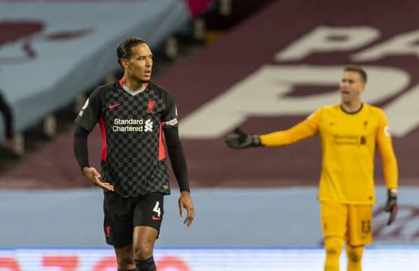 BIRMINGHAM, ENGLAND - Sunday, October 4, 2020: Liverpool’s Virgil van Dijk looks dejected as Aston Villa score the opening goal during the FA Premier League match between Aston Villa FC and Liverpool FC at Villa Park. The game was played behind closed doors due to the UK government’s social distancing laws during the Coronavirus COVID-19 Pandemic. (Pic by David Rawcliffe/Propaganda)