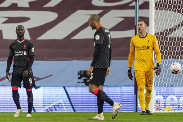 BIRMINGHAM, ENGLAND - Sunday, October 4, 2020: Liverpool’s goalkeeper Adrián San Miguel del Castillo looks dejected as Aston Villa score the opening goal during the FA Premier League match between Aston Villa FC and Liverpool FC at Villa Park. The game was played behind closed doors due to the UK government’s social distancing laws during the Coronavirus COVID-19 Pandemic. (Pic by David Rawcliffe/Propaganda)