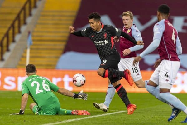 BIRMINGHAM, ENGLAND - Sunday, October 4, 2020: Liverpool’s Roberto Firmino sees his shot saved during the FA Premier League match between Aston Villa FC and Liverpool FC at Villa Park. The game was played behind closed doors due to the UK government’s social distancing laws during the Coronavirus COVID-19 Pandemic. (Pic by David Rawcliffe/Propaganda)