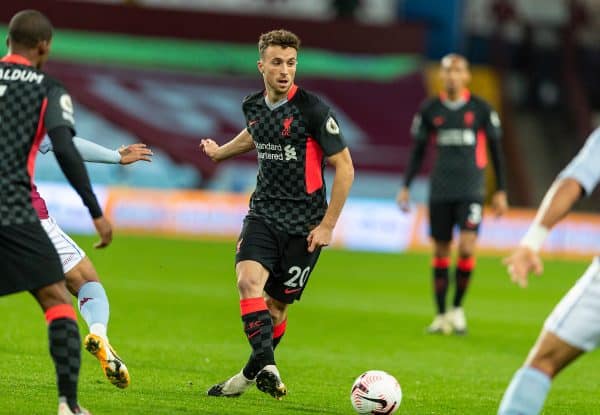 BIRMINGHAM, ENGLAND - Sunday, October 4, 2020: Liverpool’s Diogo Jota during the FA Premier League match between Aston Villa FC and Liverpool FC at Villa Park. The game was played behind closed doors due to the UK government’s social distancing laws during the Coronavirus COVID-19 Pandemic. (Pic by David Rawcliffe/Propaganda)