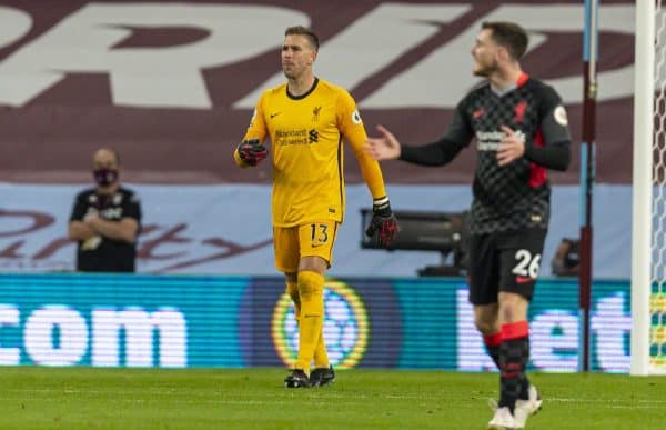 BIRMINGHAM, ENGLAND - Sunday, October 4, 2020: Liverpool’s goalkeeper Adrián San Miguel del Castillo looks dejected as Aston Villa score the second goal to make the score 2-0 during the FA Premier League match between Aston Villa FC and Liverpool FC at Villa Park. The game was played behind closed doors due to the UK government’s social distancing laws during the Coronavirus COVID-19 Pandemic. (Pic by David Rawcliffe/Propaganda)