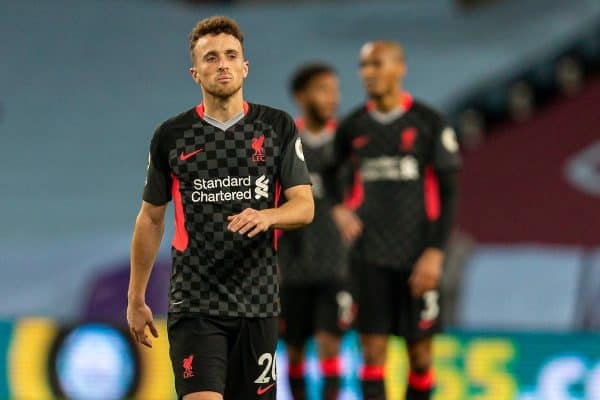 BIRMINGHAM, ENGLAND - Sunday, October 4, 2020: Liverpool’s Diogo Jota looks dejected as Aston Villa score the second goal to make the score 2-0 during the FA Premier League match between Aston Villa FC and Liverpool FC at Villa Park. The game was played behind closed doors due to the UK government’s social distancing laws during the Coronavirus COVID-19 Pandemic. (Pic by David Rawcliffe/Propaganda)