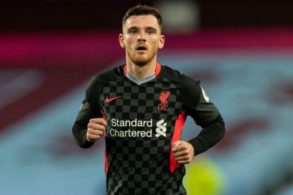 BIRMINGHAM, ENGLAND - Sunday, October 4, 2020: Liverpool’s Andy Robertson during the FA Premier League match between Aston Villa FC and Liverpool FC at Villa Park. The game was played behind closed doors due to the UK government’s social distancing laws during the Coronavirus COVID-19 Pandemic. (Pic by David Rawcliffe/Propaganda)