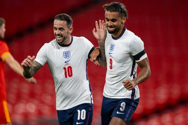 LONDON, ENGLAND - Thursday, October 8, 2020: England's Dominic Calvert-Lewin (R) celebrates after scoring the first goal with team-mate Danny Ings during the International Friendly match between England and Wales at Wembley Stadium. The game was played behind closed doors due to the UK Government’s social distancing laws prohibiting supporters from attending events inside stadiums as a result of the Coronavirus Pandemic. (Pic by David Rawcliffe/Propaganda)