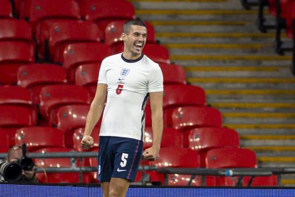 LONDON, ENGLAND - Thursday, October 8, 2020: Englands Conor Coady celebrates after scoring the second goal during the International Friendly match between England and Wales at Wembley Stadium. The game was played behind closed doors due to the UK Government’s social distancing laws prohibiting supporters from attending events inside stadiums as a result of the Coronavirus Pandemic. (Pic by David Rawcliffe/Propaganda)