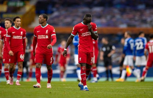 LIVERPOOL, ENGLAND - Saturday, October 17, 2020: Liverpool’s Sadio Mané walks off dejected after an injury time winning goal was disallowed following a VAR review during the FA Premier League match between Everton FC and Liverpool FC, the 237th Merseyside Derby, at Goodison Park. The game was played behind closed doors due to the UK government’s social distancing laws during the Coronavirus COVID-19 Pandemic. (Pic by David Rawcliffe/Propaganda)