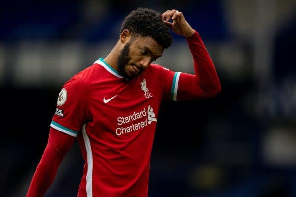LIVERPOOL, ENGLAND - Saturday, October 17, 2020: Liverpool’s Joe Gomez walks off dejected after an injury time winning goal was disallowed following a VAR review during the FA Premier League match between Everton FC and Liverpool FC, the 237th Merseyside Derby, at Goodison Park. The game was played behind closed doors due to the UK government’s social distancing laws during the Coronavirus COVID-19 Pandemic. (Pic by David Rawcliffe/Propaganda)