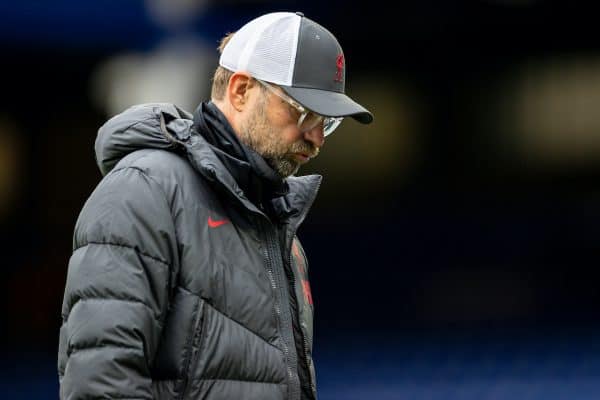 LIVERPOOL, ENGLAND - Saturday, October 17, 2020: Liverpool’s manager Jürgen Klopp walks off dejected after an injury time winning goal was disallowed following a VAR review during the FA Premier League match between Everton FC and Liverpool FC, the 237th Merseyside Derby, at Goodison Park. The game was played behind closed doors due to the UK government’s social distancing laws during the Coronavirus COVID-19 Pandemic. (Pic by David Rawcliffe/Propaganda)