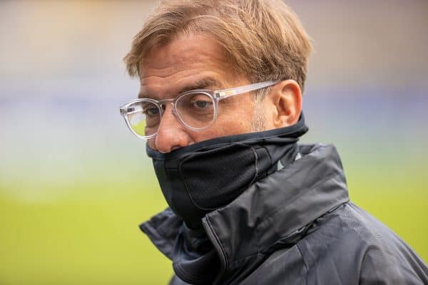 LIVERPOOL, ENGLAND - Saturday, October 17, 2020: Liverpool’s manager Jürgen Klopp, wearing a face mask, before the FA Premier League match between Everton FC and Liverpool FC, the 237th Merseyside Derby, at Goodison Park. The game was played behind closed doors due to the UK government’s social distancing laws during the Coronavirus COVID-19 Pandemic. (Pic by David Rawcliffe/Propaganda)