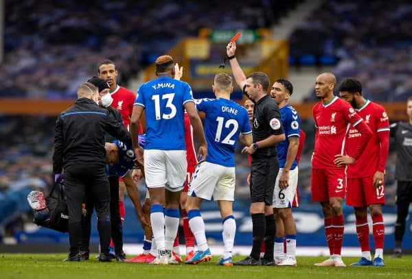 LIVERPOOL, ENGLAND - Saturday, October 17, 2020: Everton's Richarlison de Andrade (L) is shown a red card and sent off by referee Michael Oliver during the FA Premier League match between Everton FC and Liverpool FC, the 237th Merseyside Derby, at Goodison Park. The game was played behind closed doors due to the UK government’s social distancing laws during the Coronavirus COVID-19 Pandemic. (Pic by David Rawcliffe/Propaganda)