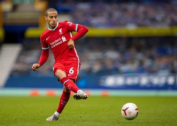 LIVERPOOL, ENGLAND - Saturday, October 17, 2020: Liverpool’s Thiago Alcantara during the FA Premier League match between Everton FC and Liverpool FC, the 237th Merseyside Derby, at Goodison Park. The game was played behind closed doors due to the UK government’s social distancing laws during the Coronavirus COVID-19 Pandemic. (Pic by David Rawcliffe/Propaganda)