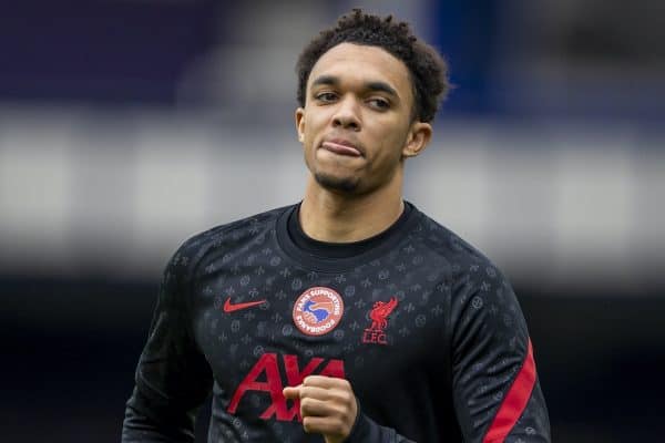 LIVERPOOL, ENGLAND - Saturday, October 17, 2020: Liverpool’s Trent Alexander-Arnold during the pre-match warm-up before the FA Premier League match between Everton FC and Liverpool FC, the 237th Merseyside Derby, at Goodison Park. The game was played behind closed doors due to the UK government’s social distancing laws during the Coronavirus COVID-19 Pandemic. (Pic by David Rawcliffe/Propaganda)