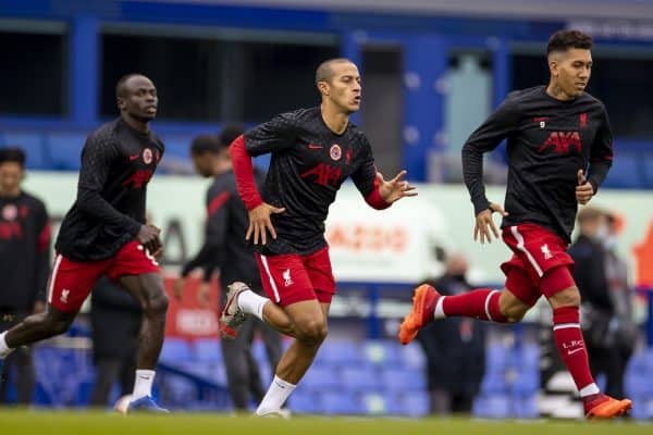 LIVERPOOL, ENGLAND - Saturday, October 17, 2020: Liverpool’s Thiago Alcantara (L) and Roberto Firmino during the pre-match warm-up before the FA Premier League match between Everton FC and Liverpool FC, the 237th Merseyside Derby, at Goodison Park. The game was played behind closed doors due to the UK government’s social distancing laws during the Coronavirus COVID-19 Pandemic. (Pic by David Rawcliffe/Propaganda)