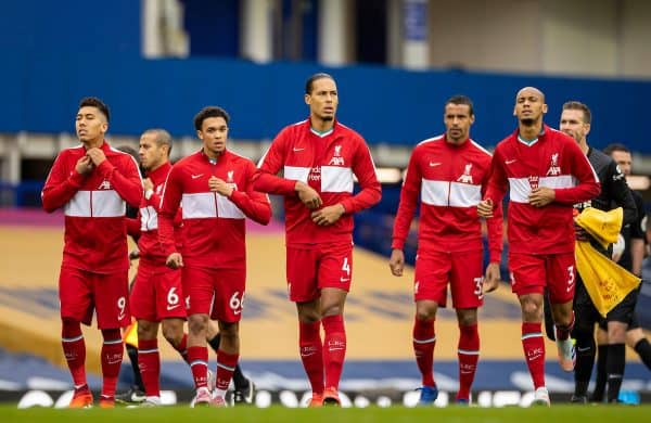 LIVERPOOL, ENGLAND - Saturday, October 17, 2020: Liverpool’s Virgil van Dijk and team-mates before the FA Premier League match between Everton FC and Liverpool FC, the 237th Merseyside Derby, at Goodison Park. The game was played behind closed doors due to the UK government’s social distancing laws during the Coronavirus COVID-19 Pandemic. (Pic by David Rawcliffe/Propaganda)