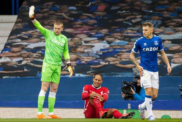 LIVERPOOL, ENGLAND - Saturday, October 17, 2020: Everton's Mason Holgate reacts after fouling Liverpool’s Virgil van Dijk during the FA Premier League match between Everton FC and Liverpool FC, the 237th Merseyside Derby, at Goodison Park. The game was played behind closed doors due to the UK government’s social distancing laws during the Coronavirus COVID-19 Pandemic. (Pic by David Rawcliffe/Propaganda)