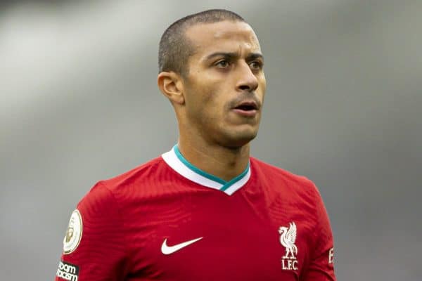 LIVERPOOL, ENGLAND - Saturday, October 17, 2020: Liverpool’s Thiago Alcantara during the FA Premier League match between Everton FC and Liverpool FC, the 237th Merseyside Derby, at Goodison Park. The game was played behind closed doors due to the UK government’s social distancing laws during the Coronavirus COVID-19 Pandemic. (Pic by David Rawcliffe/Propaganda)