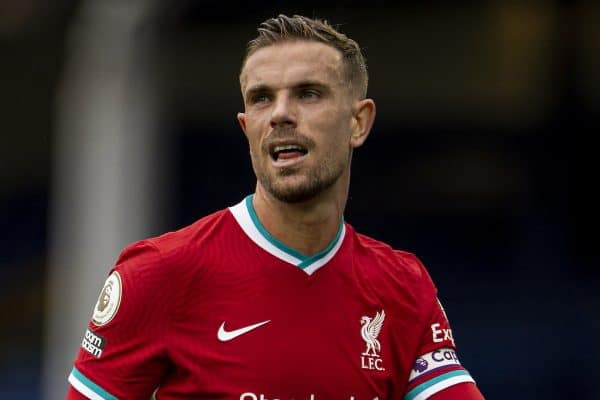 LIVERPOOL, ENGLAND - Saturday, October 17, 2020: Liverpool’s captain Jordan Henderson during the FA Premier League match between Everton FC and Liverpool FC, the 237th Merseyside Derby, at Goodison Park. The game was played behind closed doors due to the UK government’s social distancing laws during the Coronavirus COVID-19 Pandemic. (Pic by David Rawcliffe/Propaganda)