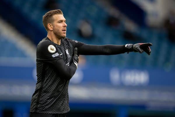 LIVERPOOL, ENGLAND - Saturday, October 17, 2020: Liverpool’s goalkeeper Adrián San Miguel del Castillo during the FA Premier League match between Everton FC and Liverpool FC, the 237th Merseyside Derby, at Goodison Park. The game was played behind closed doors due to the UK government’s social distancing laws during the Coronavirus COVID-19 Pandemic. (Pic by David Rawcliffe/Propaganda)