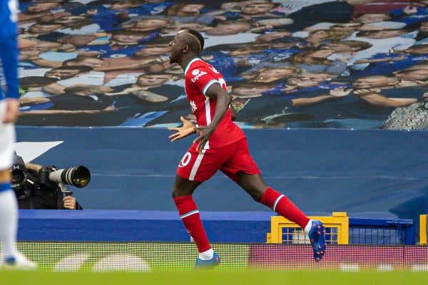 LIVERPOOL, ENGLAND - Saturday, October 17, 2020: Liverpool’s Sadio Mané celebrates after scoring the first goal during the FA Premier League match between Everton FC and Liverpool FC, the 237th Merseyside Derby, at Goodison Park. The game was played behind closed doors due to the UK government’s social distancing laws during the Coronavirus COVID-19 Pandemic. (Pic by David Rawcliffe/Propaganda)