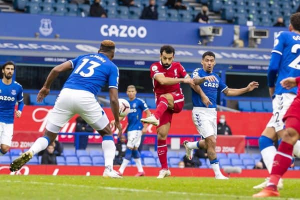 LIVERPOOL, ENGLAND - Saturday, October 17, 2020: Liverpool’s Mohamed Salah scores the second goal during the FA Premier League match between Everton FC and Liverpool FC, the 237th Merseyside Derby, at Goodison Park. The game was played behind closed doors due to the UK government’s social distancing laws during the Coronavirus COVID-19 Pandemic. (Pic by David Rawcliffe/Propaganda)