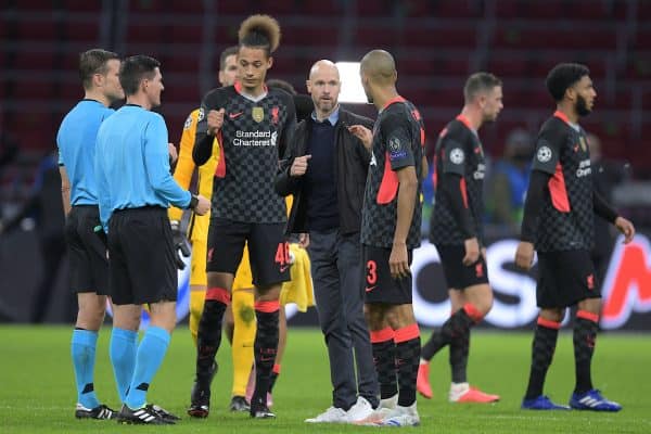 AMSTERDAM, THE NETHERLANDS - Wednesday, October 21, 2020: Ajax's head coach Erik Ten Hag (C) with Liverpool's Rhys Jones (L) and Fabio Henrique Tavares 'Fabinho' during the opening UEFA Champions League Group D match between AFC Ajax and Liverpool FC at the Johan Cruijff ArenA. (Pic by Gerrit van Keulen/Orange Pictures via Propaganda)