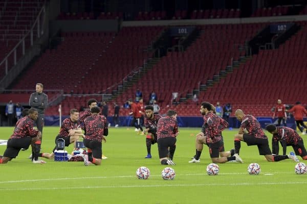 AMSTERDAM, THE NETHERLANDS - Wednesday, October 21, 2020: Liverpool players during the pre-match warm-up before the opening UEFA Champions League Group D match between AFC Ajax and Liverpool FC at the Johan Cruijff ArenA. (Pic by Orange Pictures via Propaganda)