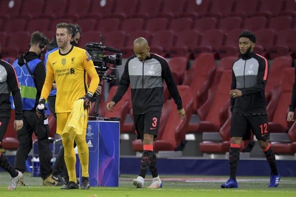 AMSTERDAM, THE NETHERLANDS - Wednesday, October 21, 2020: Liverpool's captain James Milner leads his side out before the opening UEFA Champions League Group D match between AFC Ajax and Liverpool FC at the Johan Cruijff ArenA. (Pic by Gerrit van Keulen/Orange Pictures via Propaganda)