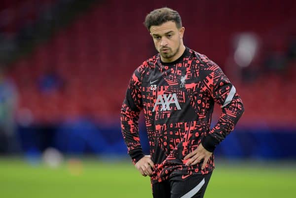 AMSTERDAM, THE NETHERLANDS - Wednesday, October 21, 2020: Liverpool's Xherdan Shaqiri during the pre-match warm-up before the opening UEFA Champions League Group D match between AFC Ajax and Liverpool FC at the Johan Cruijff ArenA. (Pic by Gerrit van Keulen/Orange Pictures via Propaganda)