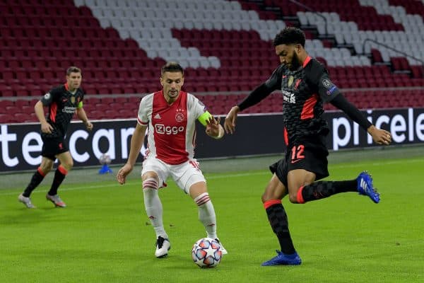 AMSTERDAM, THE NETHERLANDS - Wednesday, October 21, 2020: Liverpool's Joe Gomez during the opening UEFA Champions League Group D match between AFC Ajax and Liverpool FC at the Johan Cruijff ArenA. (Pic by Gerrit van Keulen/Orange Pictures via Propaganda)