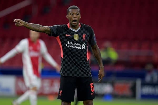 AMSTERDAM, THE NETHERLANDS - Wednesday, October 21, 2020: Liverpool's Georginio Wijnaldum during the opening UEFA Champions League Group D match between AFC Ajax and Liverpool FC at the Johan Cruijff ArenA. (Pic by Gerrit van Keulen/Orange Pictures via Propaganda)