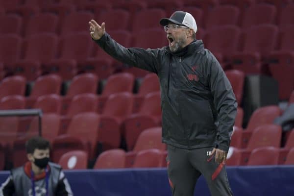 AMSTERDAM, THE NETHERLANDS - Wednesday, October 21, 2020: Liverpool's manager Jürgen Klopp reacts during the opening UEFA Champions League Group D match between AFC Ajax and Liverpool FC at the Johan Cruijff ArenA. (Pic by Gerrit van Keulen/Orange Pictures via Propaganda)