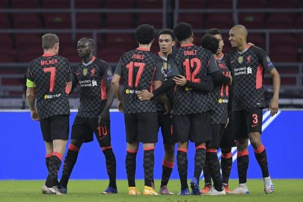 AMSTERDAM, THE NETHERLANDS - Wednesday, October 21, 2020: Liverpool's Sadio Mané celebrates after his shot forced an own goal by Ajax to make the score 1-0 during the opening UEFA Champions League Group D match between AFC Ajax and Liverpool FC at the Johan Cruijff ArenA. (Pic by Gerrit van Keulen/Orange Pictures via Propaganda)