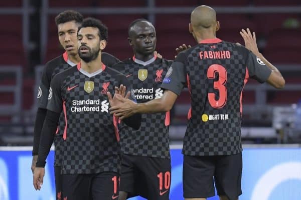 AMSTERDAM, THE NETHERLANDS - Wednesday, October 21, 2020: Liverpool's Sadio Mané (#10) celebrates after forcing an own goal from Ajax during the opening UEFA Champions League Group D match between AFC Ajax and Liverpool FC at the Johan Cruijff ArenA. (Pic by Gerrit van Keulen/Orange Pictures via Propaganda)