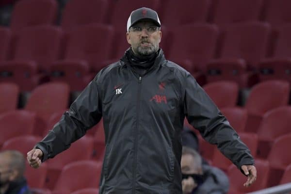 AMSTERDAM, THE NETHERLANDS - Wednesday, October 21, 2020: Liverpool's manager Jürgen Klopp reacts during the opening UEFA Champions League Group D match between AFC Ajax and Liverpool FC at the Johan Cruijff ArenA. (Pic by Gerrit van Keulen/Orange Pictures via Propaganda)