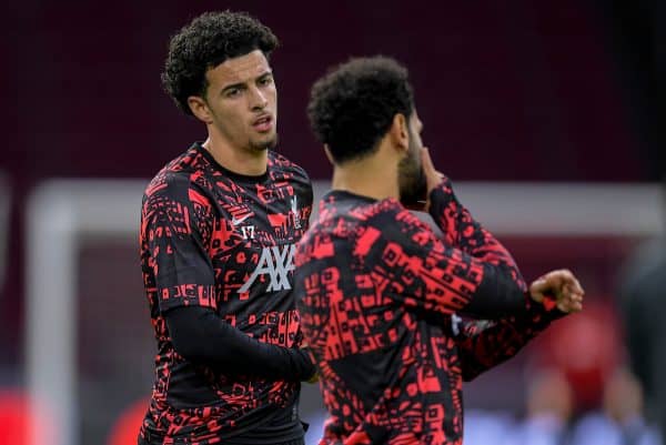 AMSTERDAM, THE NETHERLANDS - Wednesday, October 21, 2020: Liverpool's Curtis Jones during the pre-match warm-up before the opening UEFA Champions League Group D match between AFC Ajax and Liverpool FC at the Johan Cruijff ArenA. (Pic by Orange Pictures via Propaganda)