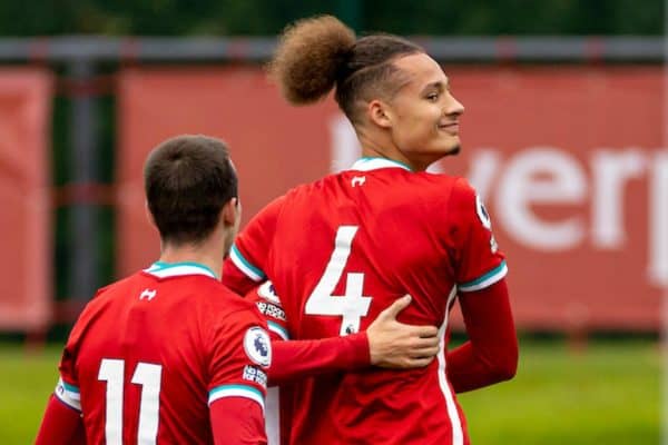 KIRKBY, ENGLAND - Saturday, October 24, 2020: Liverpool's Rhys Williams celebrates after scoring the first goal during the Premier League 2 Division 1 match between Liverpool FC Under-23's and Chelsea FC Under-23's at the Liverpool Academy. (Pic by David Rawcliffe/Propaganda)