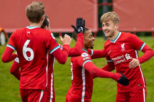 KIRKBY, ENGLAND - Saturday, October 24, 2020: Liverpool's Jake Cain (R) celebrates after scoring the second goal during the Premier League 2 Division 1 match between Liverpool FC Under-23's and Chelsea FC Under-23's at the Liverpool Academy. (Pic by David Rawcliffe/Propaganda)