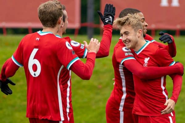 KIRKBY, ENGLAND - Saturday, October 24, 2020: Liverpool's Jake Cain (R) celebrates after scoring the second goal during the Premier League 2 Division 1 match between Liverpool FC Under-23's and Chelsea FC Under-23's at the Liverpool Academy. (Pic by David Rawcliffe/Propaganda)