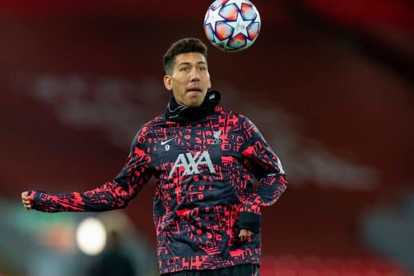 LIVERPOOL, ENGLAND - Tuesday, October 27, 2020: Liverpool's Roberto Firmino during the pre-match warm-up before the UEFA Champions League Group D match between Liverpool FC and FC Midtjylland at Anfield. (Pic by David Rawcliffe/Propaganda)