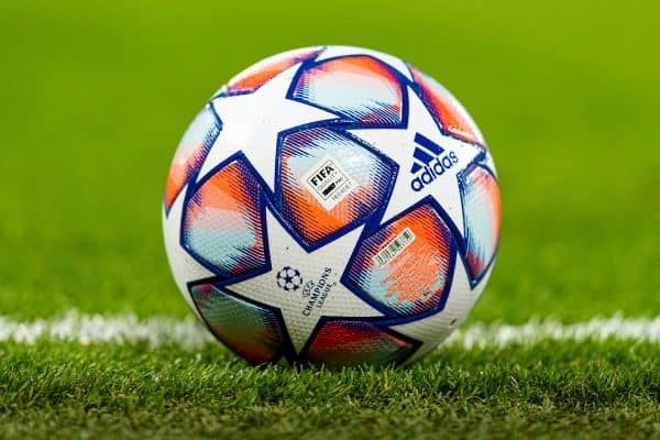 LIVERPOOL, ENGLAND - Tuesday, October 27, 2020: The official Adidas match ball during the UEFA Champions League Group D match between Liverpool FC and FC Midtjylland at Anfield. (Pic by David Rawcliffe/Propaganda)