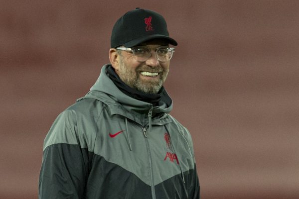 LIVERPOOL, ENGLAND - Tuesday, October 27, 2020: Liverpool's manager Jürgen Klopp during the pre-match warm-up before the UEFA Champions League Group D match between Liverpool FC and FC Midtjylland at Anfield. (Pic by David Rawcliffe/Propaganda)