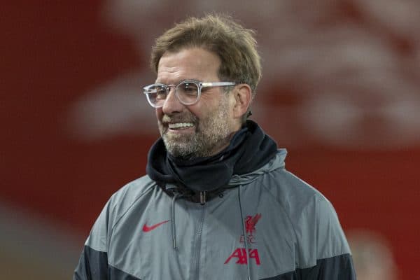 LIVERPOOL, ENGLAND - Tuesday, October 27, 2020: Liverpool's manager Jürgen Klopp before the UEFA Champions League Group D match between Liverpool FC and FC Midtjylland at Anfield. (Pic by David Rawcliffe/Propaganda)