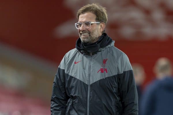 LIVERPOOL, ENGLAND - Tuesday, October 27, 2020: Liverpool's manager Jürgen Klopp before the UEFA Champions League Group D match between Liverpool FC and FC Midtjylland at Anfield. (Pic by David Rawcliffe/Propaganda)