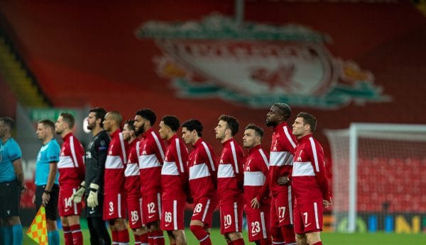 LIVERPOOL, ENGLAND - Tuesday, October 27, 2020: Liverpool players line-up before the UEFA Champions League Group D match between Liverpool FC and FC Midtjylland at Anfield. (Pic by David Rawcliffe/Propaganda)