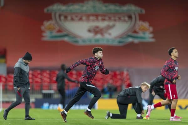 LIVERPOOL, ENGLAND - Tuesday, October 27, 2020: Liverpool's Neco Williams during the pre-match warm-up before the UEFA Champions League Group D match between Liverpool FC and FC Midtjylland at Anfield. (Pic by David Rawcliffe/Propaganda)