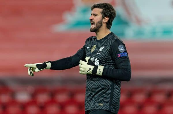LIVERPOOL, ENGLAND - Tuesday, October 27, 2020: Liverpool's goalkeeper Alisson Becker during the UEFA Champions League Group D match between Liverpool FC and FC Midtjylland at Anfield. (Pic by David Rawcliffe/Propaganda)
