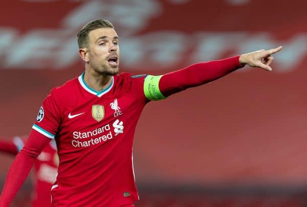 LIVERPOOL, ENGLAND - Tuesday, October 27, 2020: Liverpool's captain Jordan Henderson during the UEFA Champions League Group D match between Liverpool FC and FC Midtjylland at Anfield. (Pic by David Rawcliffe/Propaganda)